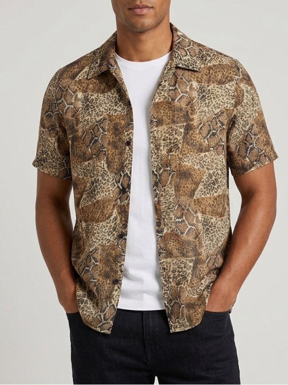 Dress Barn Brown Animal-Print Silk Short-Sleeve Button Shirt Size Medium
